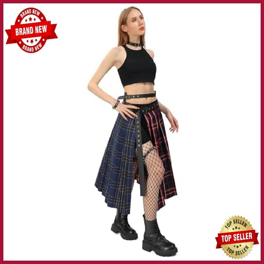 Plaid Pleated Midi Skirt with Belt, Side Slit, Polyester, US Size - Picture 6 of 8
